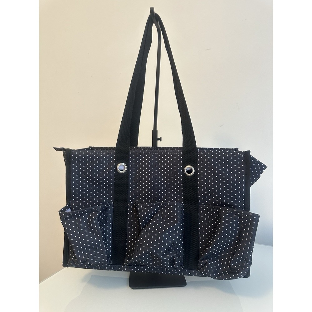 Thirty-One Gifts Black Polka Dot Utility Tote Bag Zipper Closure - Picture 2 of 16